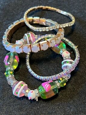 Women’s Pink and Green Beaded Stretch Bracelet Set of 4